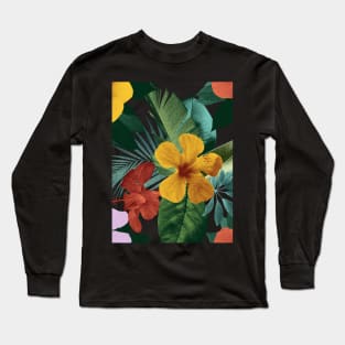 Colorful tropical flowers and leaves. Hibiscus flower, Palm leaves vibrant summer exotic print. Long Sleeve T-Shirt